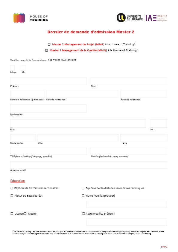 Dossier de demande d'admission Master 2